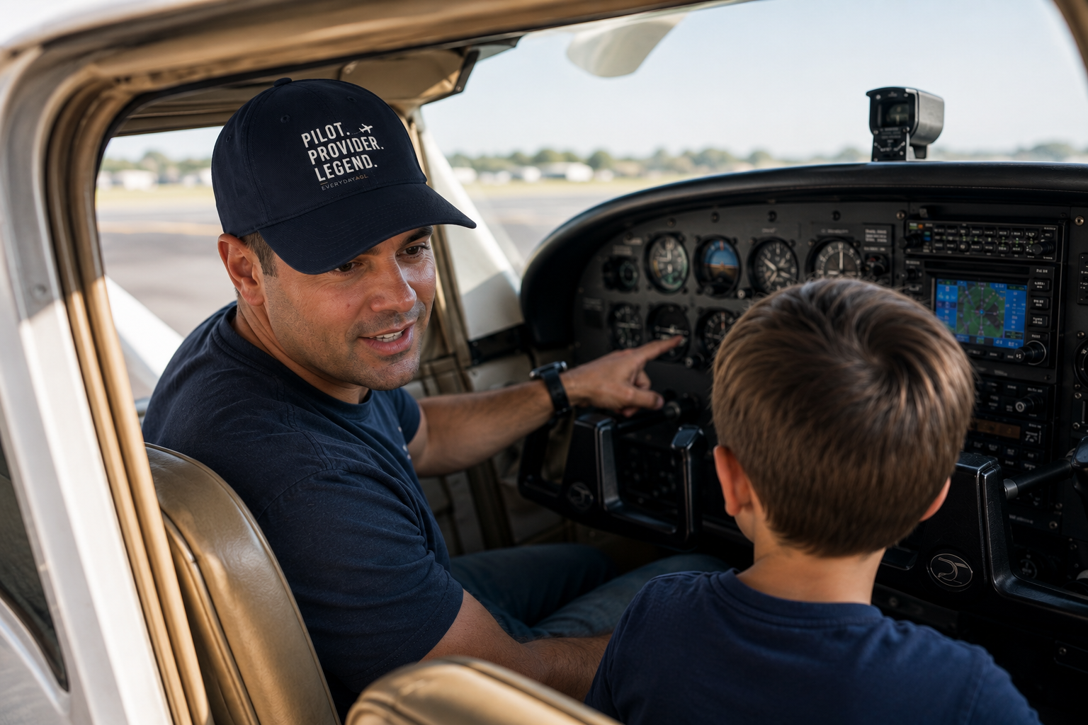 A pilot in the Pilot. Provider. Legend. hat teaching his son in the cockpit