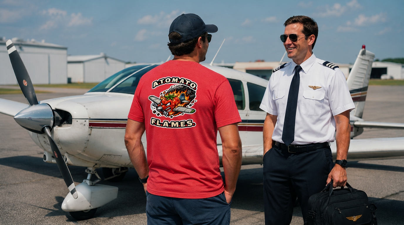 Two pilots on the ramp beside a Piper Cherokee — one wearing the Atomato Flames tee