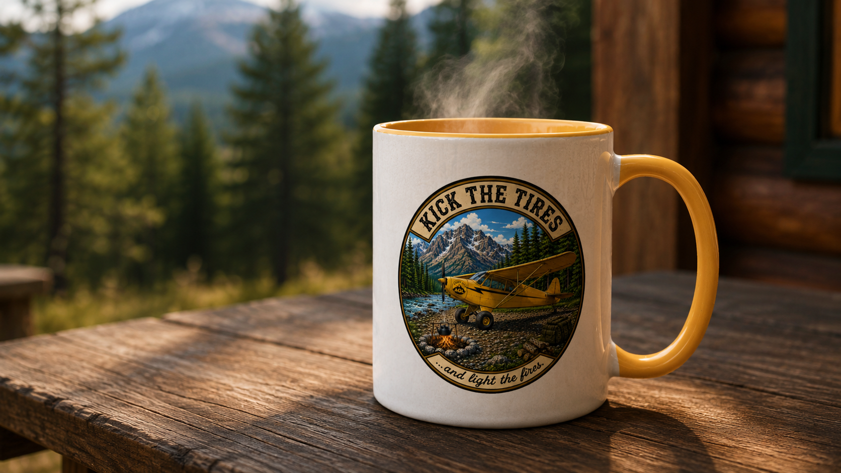 Kick the Tires mug on a cabin porch with mountains in the background